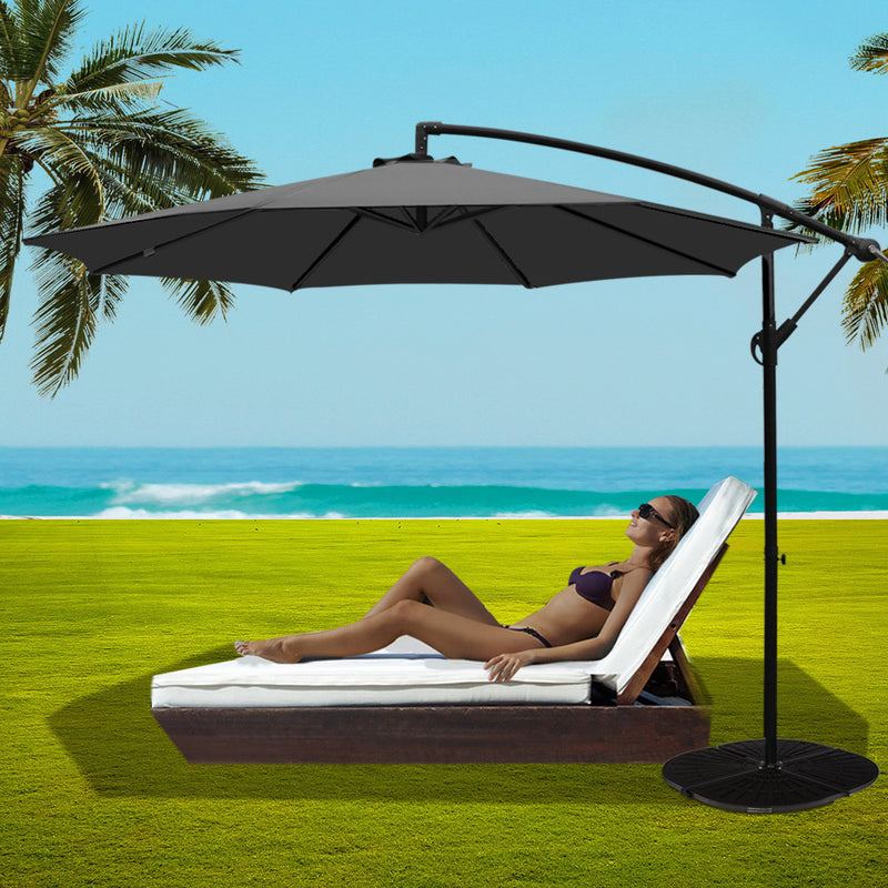 Instahut 3M Umbrella with 48x48cm Base Outdoor Umbrellas Cantilever Sun Beach Garden Patio Charcoal