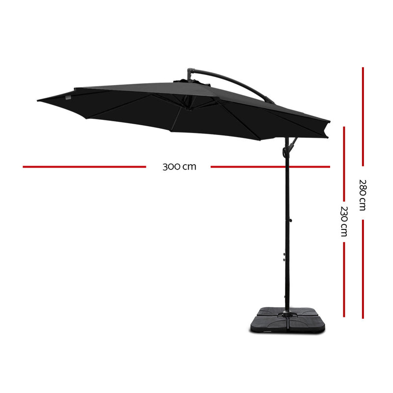 Instahut 3M Umbrella with 50x50cm Base Outdoor Umbrellas Cantilever Sun Stand UV Garden Black