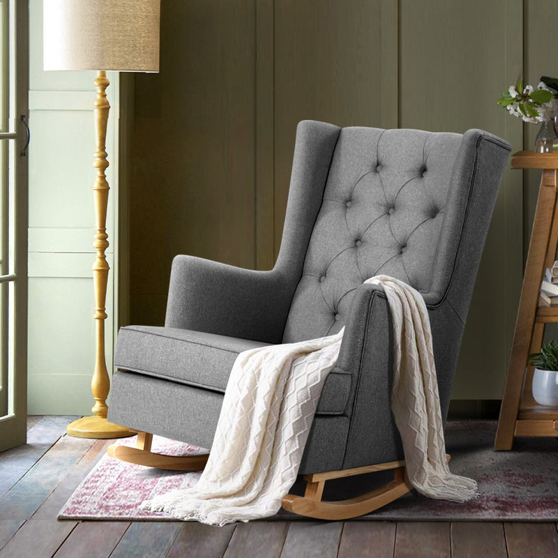 Artiss Rocking Armchair Feeding Chair Linen Fabric Armchairs Lounge Retro Grey