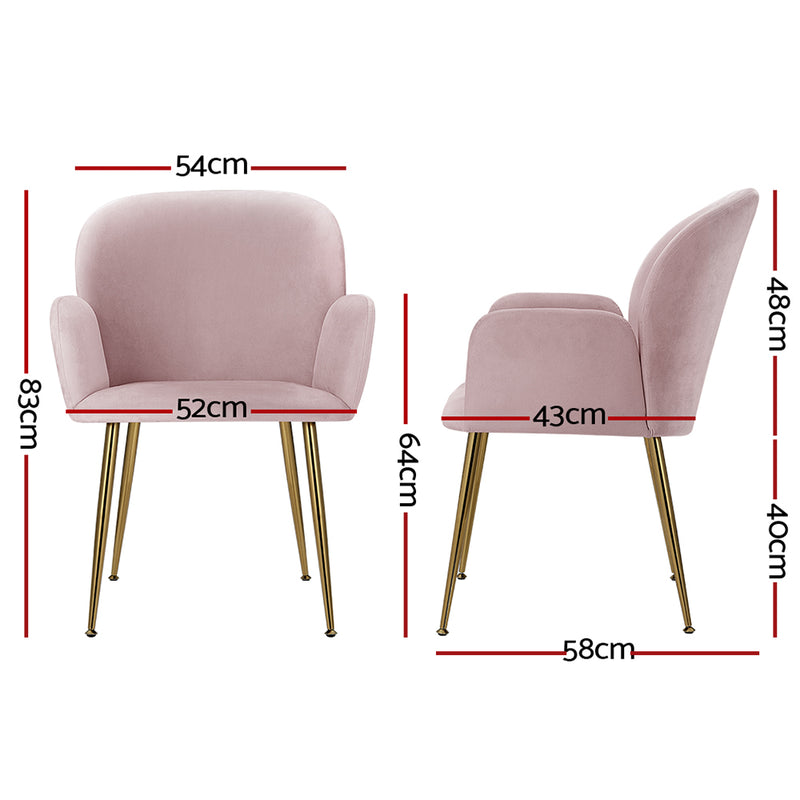 Artiss  Set of 2 Kynsee Dining Chairs Armchair Cafe Chair Upholstered Velvet Pink