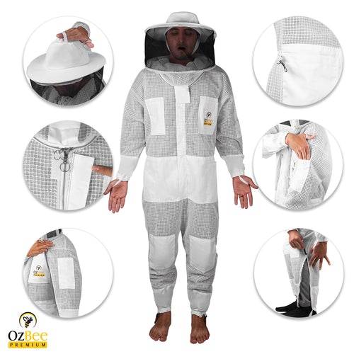 OZBee Premium Full Suit 3 Layer Mesh Ultra Cool Ventilated Round Head Beekeeping Protective Gear Size  S