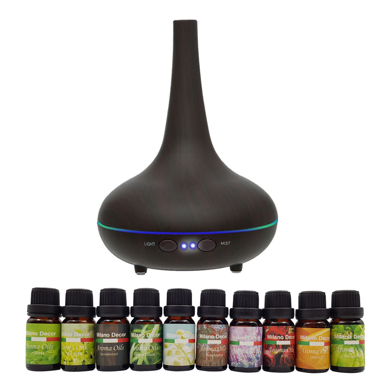 Milano Aroma Diffuser Set With 10 Pack Diffuser Oils Humidifier Aromatherapy  Dark Wood