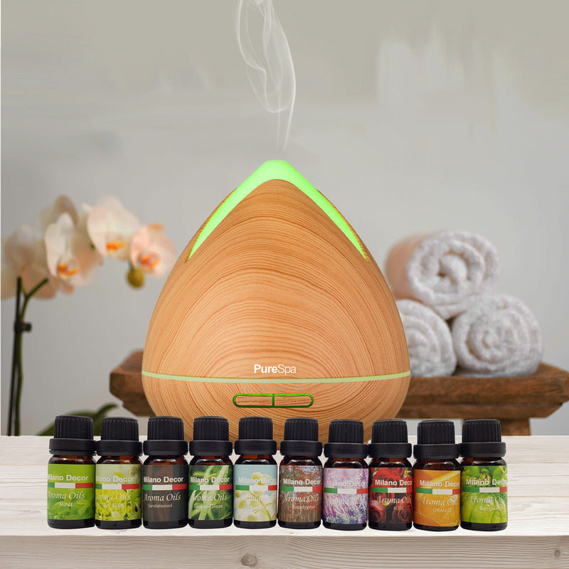 Purespa Diffuser Set With 10 Pack Diffuser Oils Humidifier Aromatherapy  Light Wood