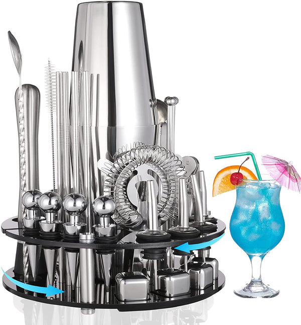 VIKUS 35 Pieces Cocktail Shaker Set Bartender Kit with Rotating 360 Display Stand and Professional Bar Set Tools