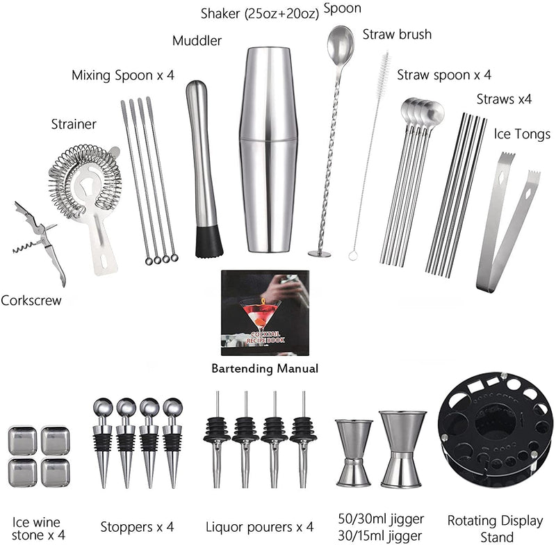 VIKUS 35 Pieces Cocktail Shaker Set Bartender Kit with Rotating 360 Display Stand and Professional Bar Set Tools