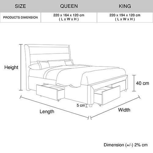 Storage Bed Frame King Size Upholstery Fabric in Light Grey with Base Drawers