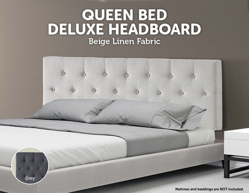 Linen Fabric Queen Bed Deluxe Headboard Bedhead - Beige