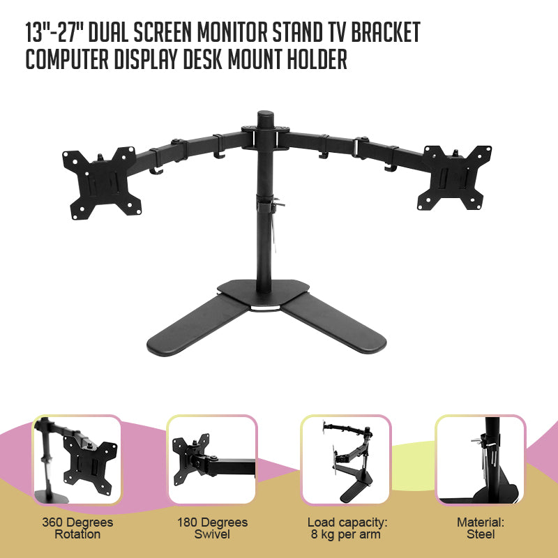 13"-27" Dual Screen Monitor Stand TV Bracket Computer Display Desk Mount Holder