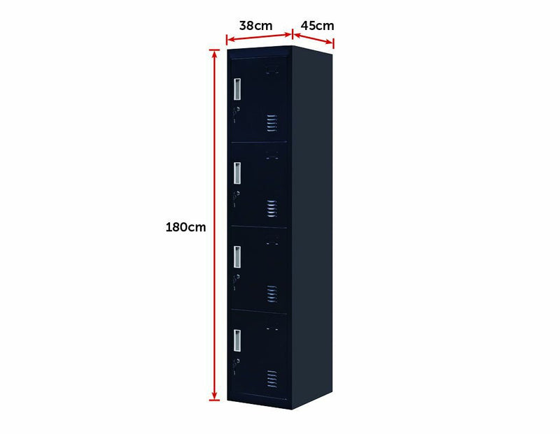 Standard Lock 4-Door Vertical Locker for Office Gym Shed School Home Storage Black