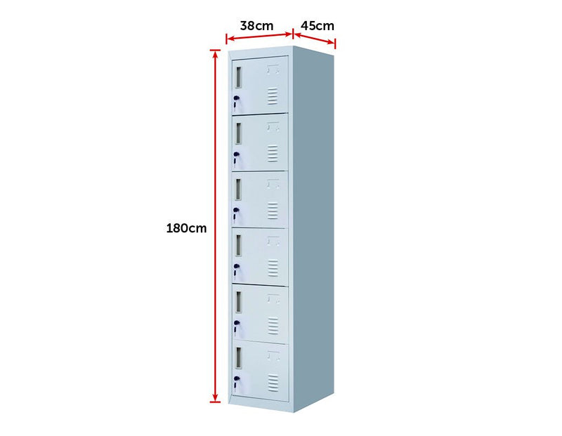 Standard Lock 6-Door Locker for Office Gym Shed School Home Storage Grey