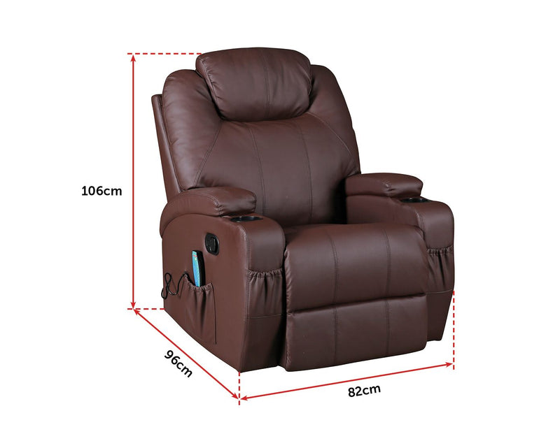 Brown Massage Sofa Chair Recliner 360 Degree Swivel PU Leather Lounge 8 Point Heated