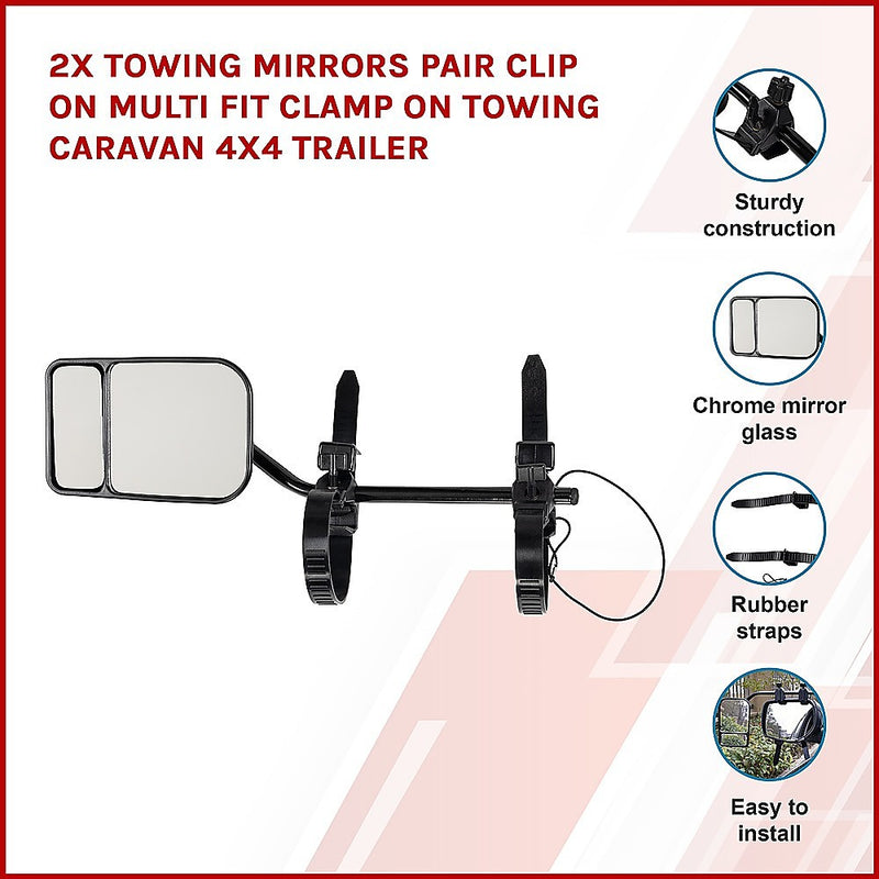 2x Towing Mirrors Pair Clip on Multi Fit Clamp On Towing Caravan 4X4 Trailer