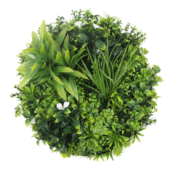 Flowering White Artificial Green Wall Disc UV Resistant 75cm (White Frame)