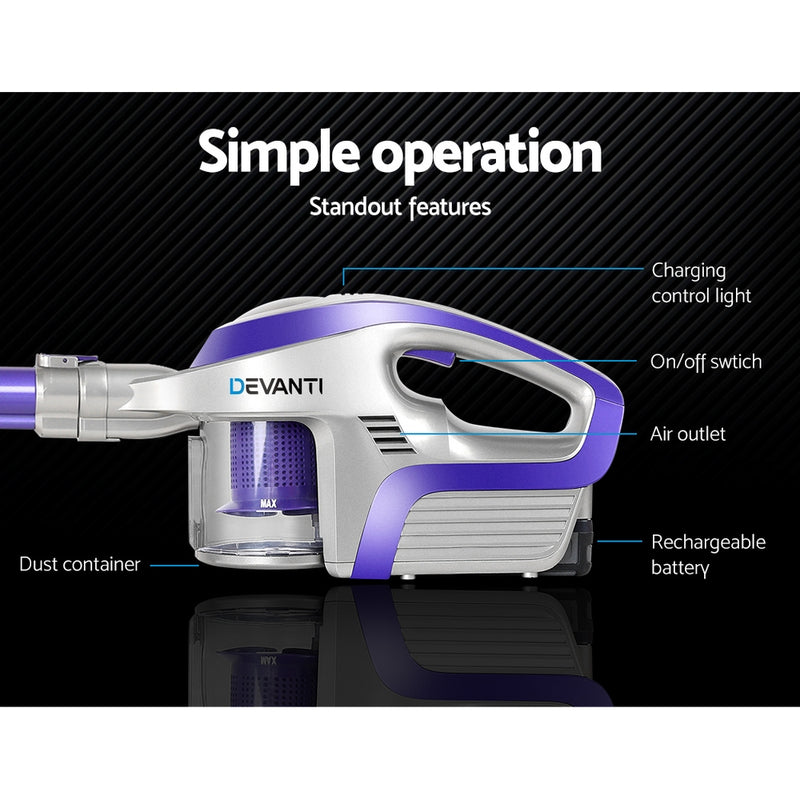 Devanti Cordless Stick Vacuum Cleaner - Purple & Grey