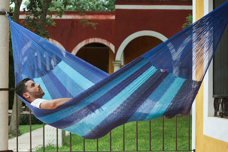 Mayan Legacy King Size Cotton Mexican Hammock in Caribbean Blue Colour