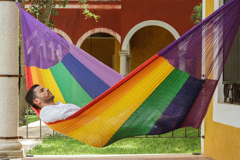 Mayan Legacy King Size Cotton Mexican Hammock in Rainbow Colour