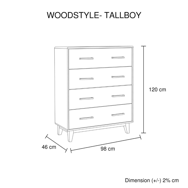 Tallboy with 4 Storage Drawers in Wooden Light Brown Colour