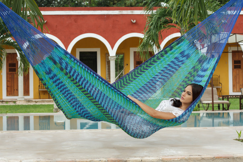 Mayan Legacy King Size Outdoor Cotton Mexican Hammock in Caribe Colour