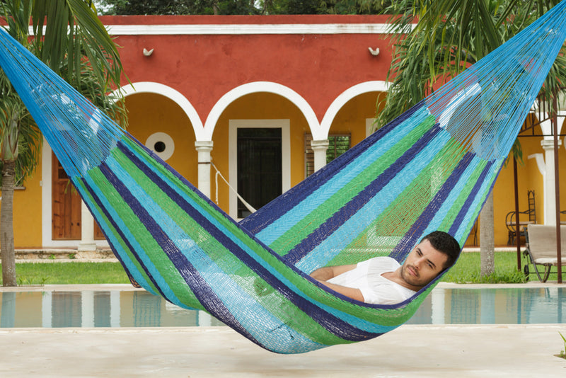 Mayan Legacy King Size Outdoor Cotton Mexican Hammock in Oceanica Colour