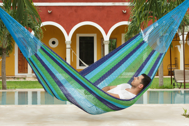 Mayan Legacy King Size Outdoor Cotton Mexican Hammock in Oceanica Colour