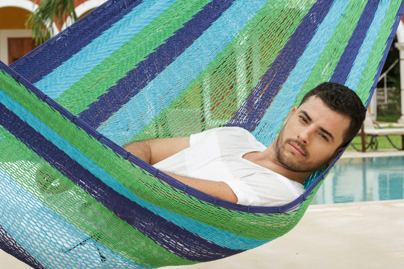 Mayan Legacy King Size Outdoor Cotton Mexican Hammock in Oceanica Colour