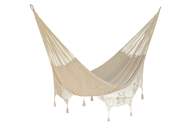 Mayan Legacy Queen Size Deluxe Outdoor Cotton Mexican Hammock in Cream Colour